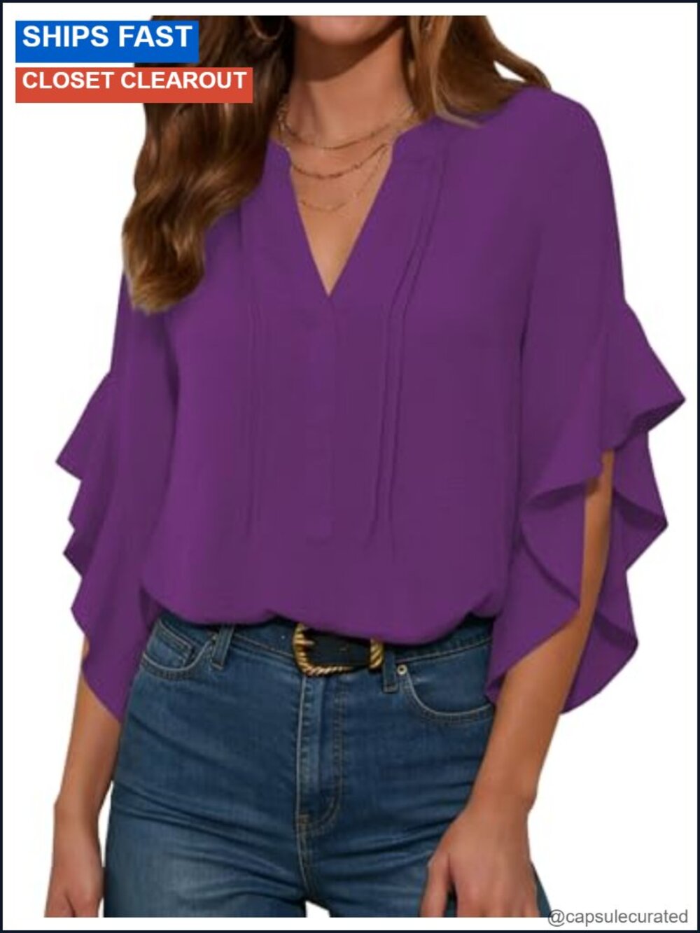 Women's Dressy Casual Blouse 3/4 Ruffle Sleeve V-Neck Top Work Shirt